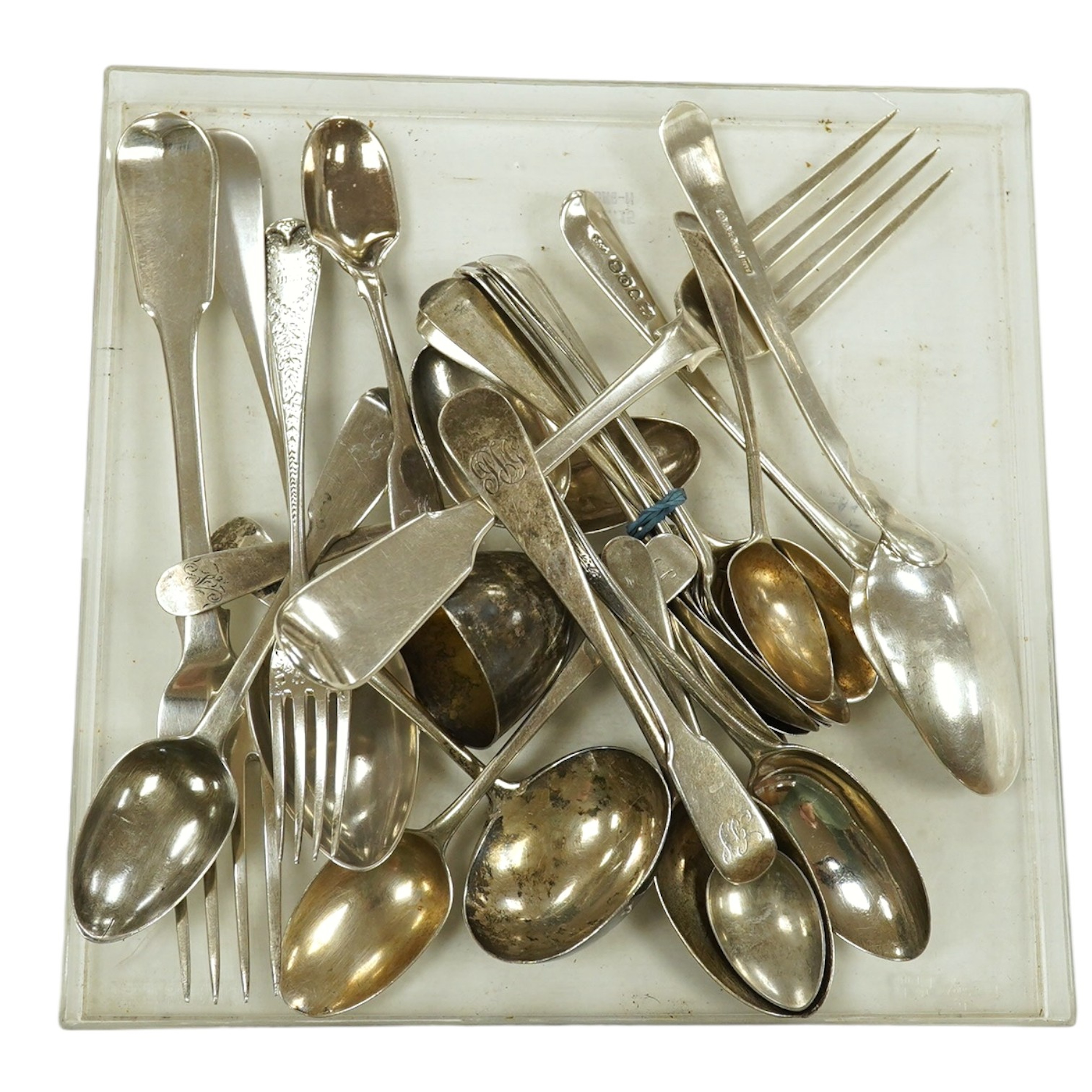 A group of assorted George III and later silver flatware including a set of eight Victorian teaspoons, gross 21 oz. Condition - fair to good